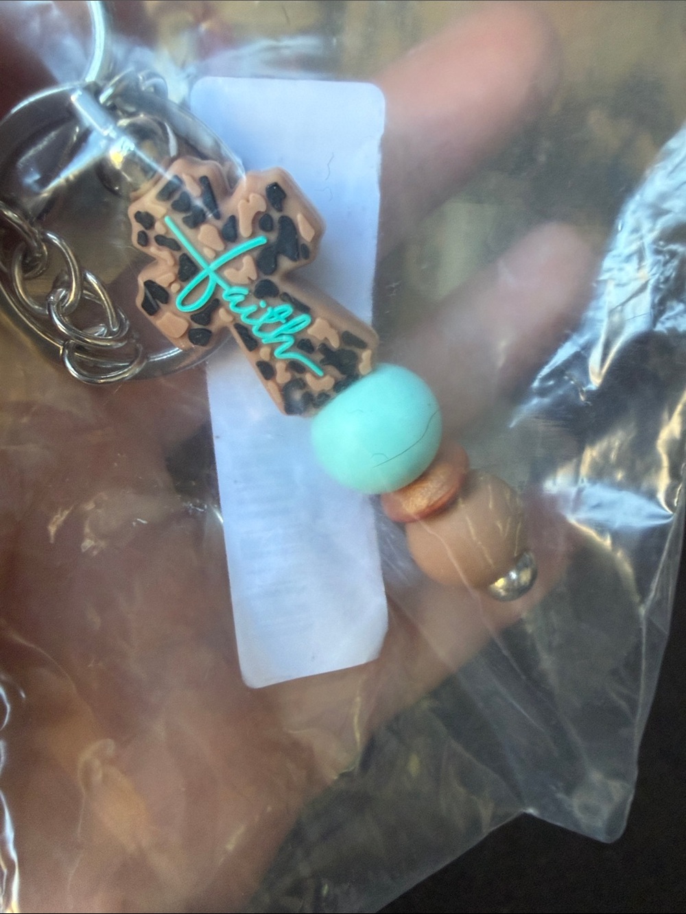 Faith Cross Beaded Keychain - Aqua & Leopard Accent